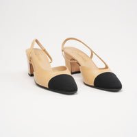 Chanel Beige /Black Lambskin Cap Toe CC Slingback Pumps Size 38.5