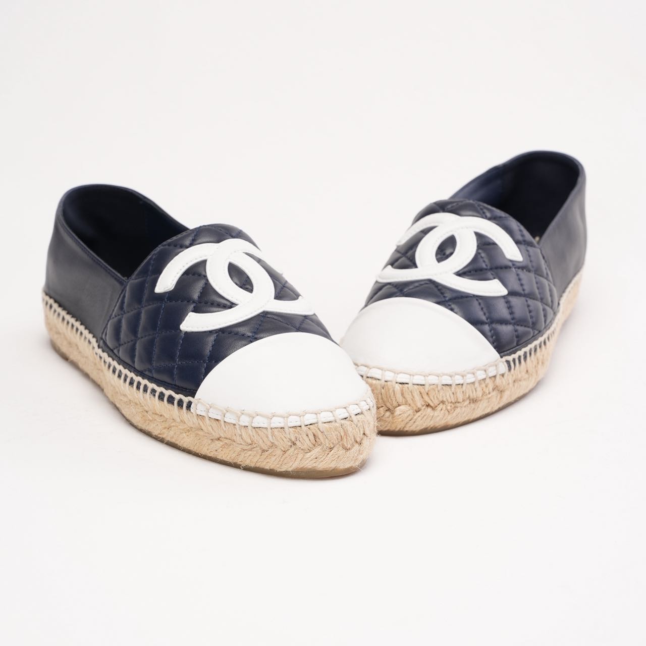 Chanel CC Cap Toe Espadrilles Navy Blue Lambskin 39 | Miloura