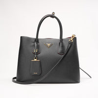 Prada Saffiano Cuir Black / Red Large Double Bag Gold Hardware