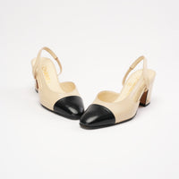 Chanel Beige /Black Cap Toe CC Slingback Pumps Size 34