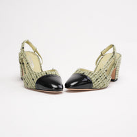 Chanel Slingback Sandals Tweed Green Black Patent Leather Cap Toe 39