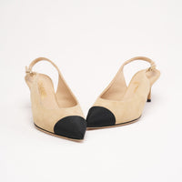 Chanel Grosgrain Pointed Cap Toe CC Slingback Pumps Beige and Black Size 37