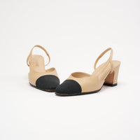 Chanel Beige /Black Grosgrain Cap Toe CC Slingback Pumps Size 38